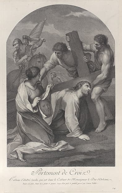 Christ fallen to the ground under the weight of the cross, with two men assisting and Saint Veronica kneeling with the veil at left, by Simon de la Vallée