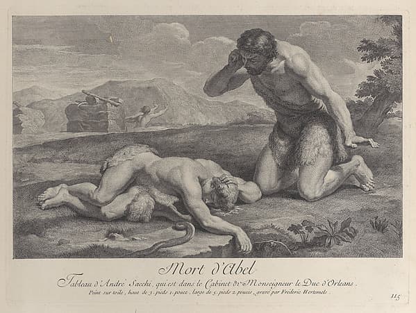 Adam kneels in grief beside the body of Abel, while Cain flees in the background, by Frédéric Horthemels