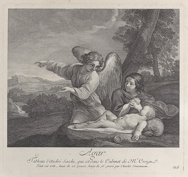 The angel appearing to Hagar in the wilderness as she folds her hands next to the sleeping Ishmael, by Charles Simonneau