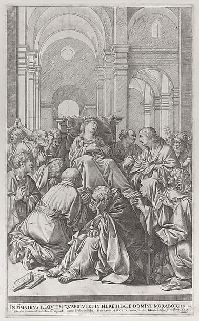 Death of the Virgin, lying on a chair at center, surrounded by Apostles, inside a temple, by Jean Le Clerc