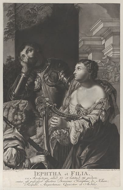 Jephtha dressed in armor looking up in despair, and his daughter holds a harp at right, by Johann Elias Haid