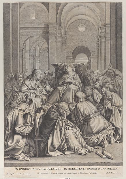 Death of the Virgin, lying on a chair at center, surrounded by Apostles, inside a temple, by Anonymous