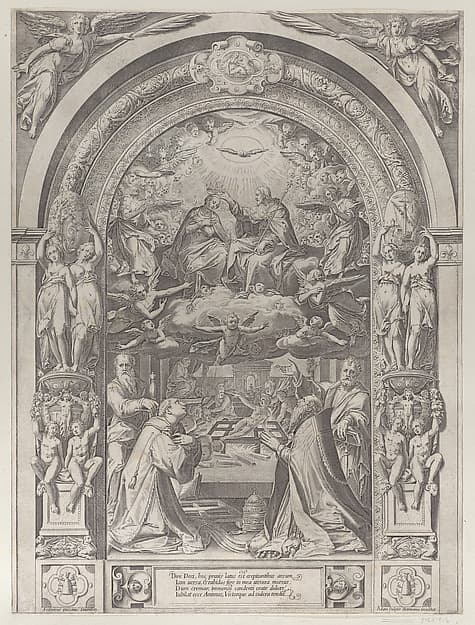 Saints Lawrence, Sixtus, Peter, and Paul adoring the Coronation of the Virgin by Christ above, by Anonymous