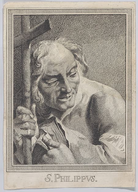 Saint Philip, head and shoulders, holding a cross and a book; after Giovanni Battista Piazzetta (copy in reverse), by Marco Alvise Pitteri