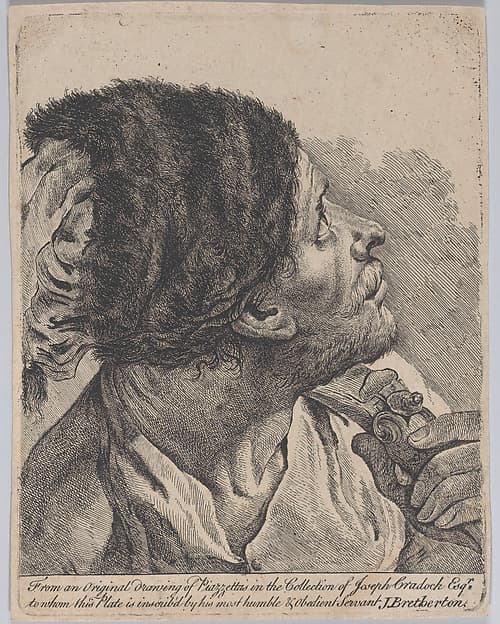 Man in a fur hat holding a musket, looking upwards; after Giovanni Battista Piazzetta, by James Bretherton