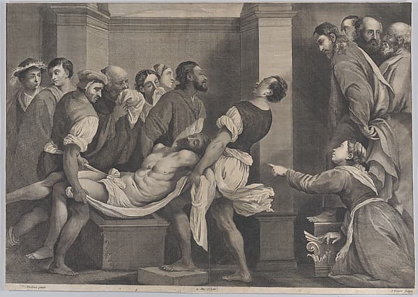 The raising of Lazarus, who is carried by three men at left, while his sister and Christ look on at right; from 'Theatrum Pictorium', after Pordenone, by Jan van Troyen