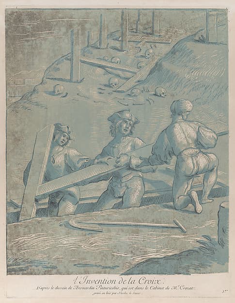 The invention of the cross; three men lifting a cross from a trench; from 'Recueil d'estampes d'après les plus beaux tableaux et d'après les plus beaux desseins qui sont en France, Cabinet Crozat' after a drawing by Pinturicchio, by Nicolas Le Sueur
