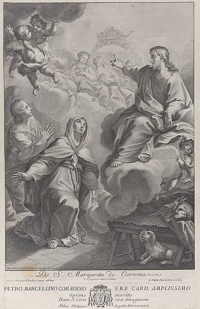 Saint Margarita of Cortona, kneeling before Christ, after Pietro Andrea Pucciardi Barberi, by Giovanni Girolamo Frezza