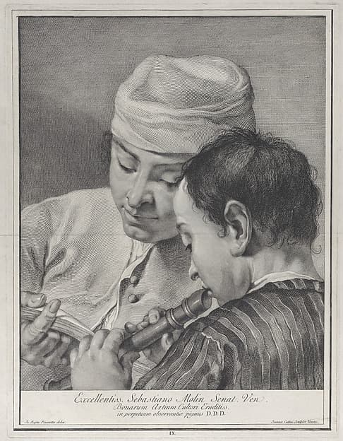 Plate 9: A youth playing the recorder while a man to the left holds up a music book, from "Icones ad vivum expressae", by Giovanni Cattini