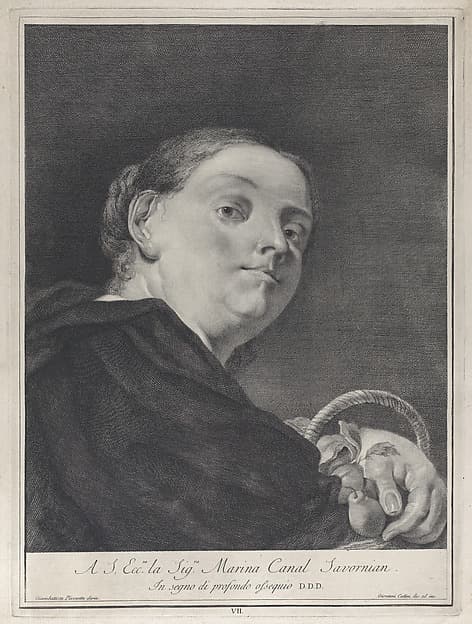 Plate 7: A woman with a basket of pears; from 'Icones ad vivum expressae' after Giovanni Battista Piazzetta, by Giovanni Cattini
