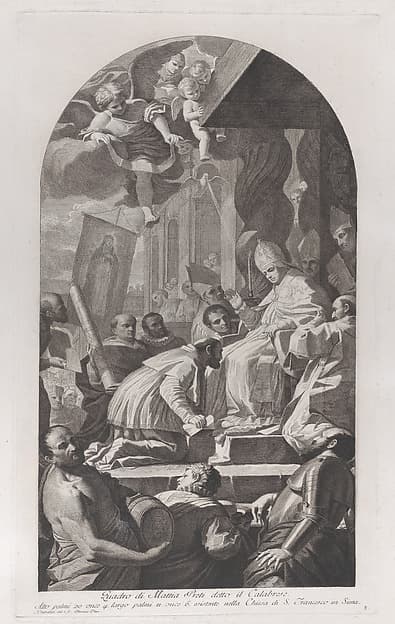 Plate 8: Canonization of Saint Catherine of Siena; Pius II seated on a throne at right, blessing his nephew, Francesco Todeschini Piccolomini, who kneels before him; after Mattia Preti, by Giuliano Traballesi