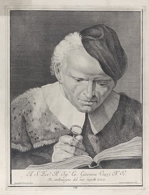 Plate 8: Man in a hat reading a book with a magnifying glass; from 'Icones ad vivum expressae' after Giovanni Battista Piazzetta, by Giovanni Cattini
