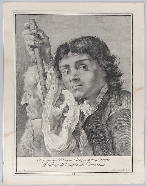 Plate 12: A young man leaning on a staff looking outward, with an old man behind to his right, from "Icones ad vivum expressae", by Giovanni Cattini