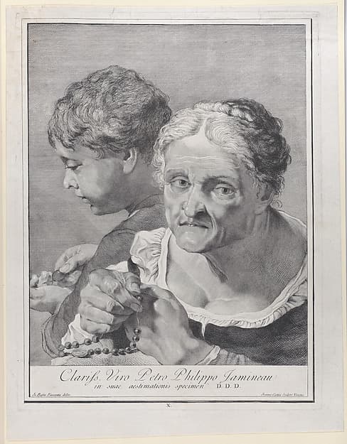 Plate 10: Old woman with a rosary and a boy counting coins, from "Icones ad vivum expressae", by Giovanni Cattini