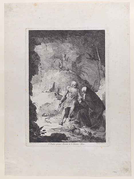 Saint Paul the Hermit and Saint Anthony Abbot conversing in a landscape, after Pietro Antonio Novelli, by Francesco Novelli
