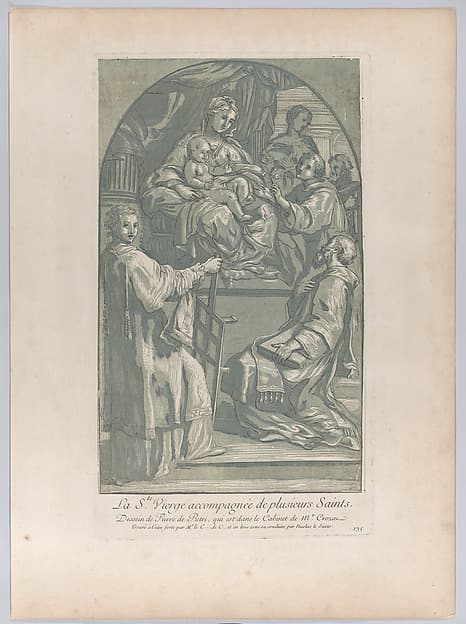 The Virgin and Child seated on a pedestal at center, to the right a monk offers a flower, and in the foreground a saint kneels before them while Saint Lawrence rests his hands on a gridiron; from 'Recueil d'estampes d'après les plus beaux tableaux et d'après les plus beaux desseins qui sont en France, Cabinet Crozat' after a drawing by Pietro Antonio de' Pietri, by Anne Claude Philippe de Tubières, comte de Caylus