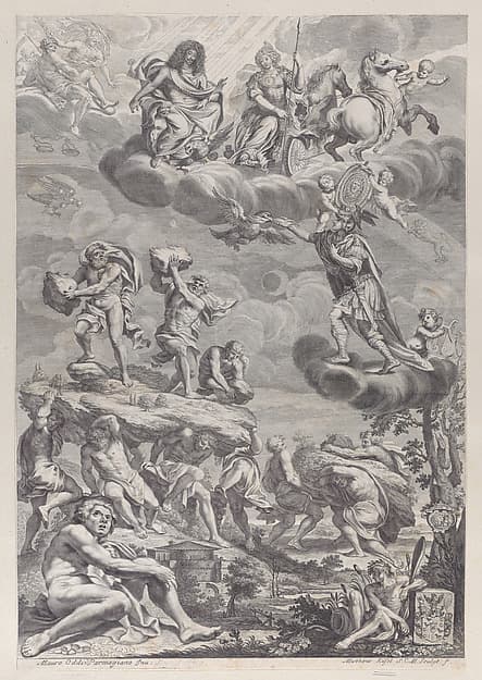 Leopold I of Austria as Jupiter with his wife enthroned in the clouds, looking down on the struggling giants below, by Mathäus Küsel