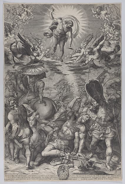 The conversion of Saul, who lies on the ground surrounded by horses and soldiers as Christ appears above him, by Pieter Perret