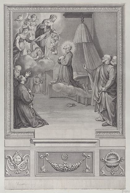Plate 27: The female personification of Fortitude, holding a pillar and stroking a lion, from "Galeria nel Palazzo Farnese in Roma ... dipinta da Annibale Caracci", by Carlo Cesi