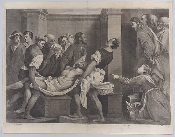The raising of Lazarus, who is carried by three men at left, while his sister and Christ look on at right; from "Theatrum Pictorium", by Jan van Troyen
