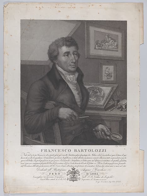Portrait of Francesco Bartolozzi, seated, holding a magnifying glass with printmaking tools and a plate on the desk behind him, by Luigi Rados