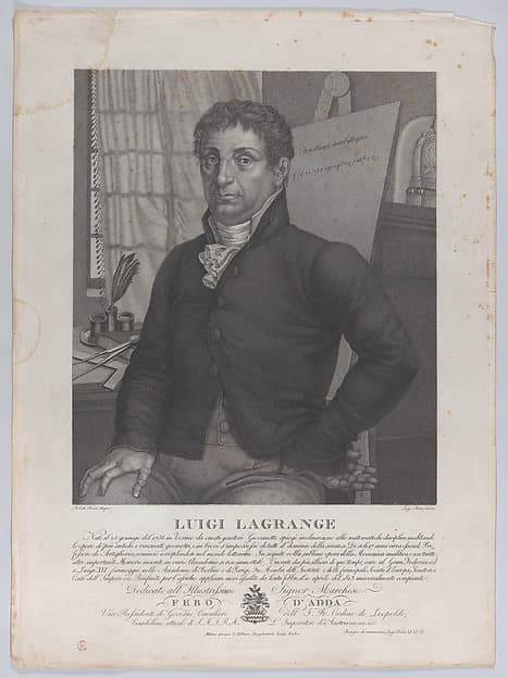Portrait of Luigi Lagrange, seated with an easel behind him at right with a mathematical equation, by Luigi Rados