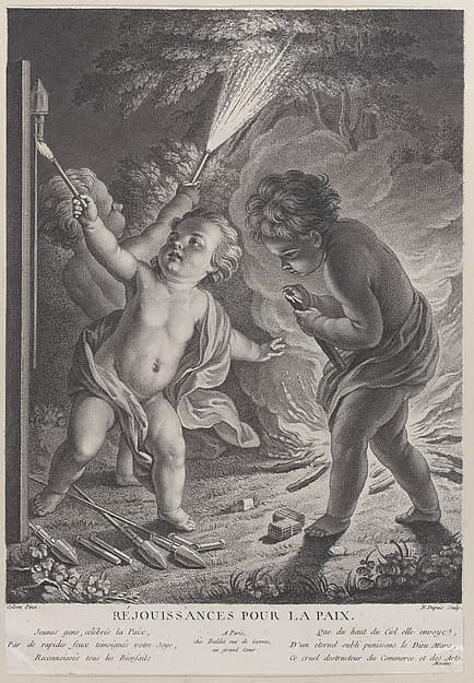 Celebrating Peace (Réjouissances pour la paix), three putti with fireworks, by Nicolas Gabriel Dupuis