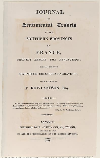 Title page, from "Journal of Sentimental Travels in the Southern Provinces of France, Shortly Before the Revolution", by Thomas Rowlandson