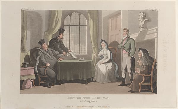 Frontispiece: Before the Tribunal at Avignon, from "Journal of Sentimental Travels in the Southern Provinces of France, Shortly Before the Revolution", by Thomas Rowlandson