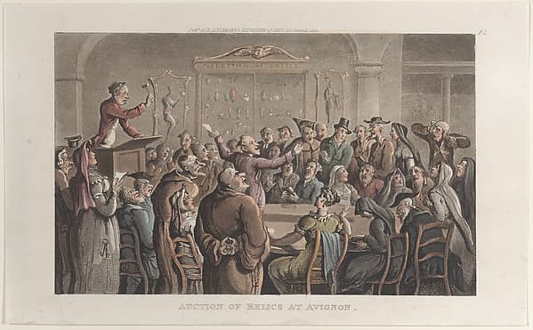 Auction of Relics at Avignon, from "Journal of Sentimental Travels in the Southern Provinces of France, Shortly Before the Revolution", by Thomas Rowlandson