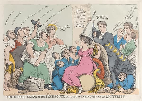 The Chance Seller of the Exchequer Putting an Extinguisher on Lotteries, by Thomas Rowlandson