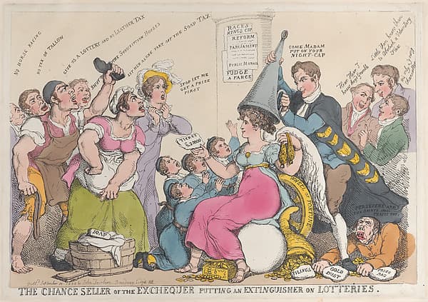 The Chance Seller of the Exchequer Putting an Extinguisher on Lotteries, by Thomas Rowlandson