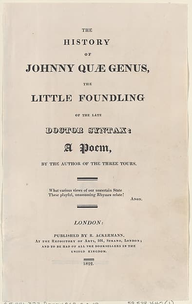 Title page, from "The History of Johnny Quae Genus, The Little Foundling of the Late Doctor Syntax", by Thomas Rowlandson