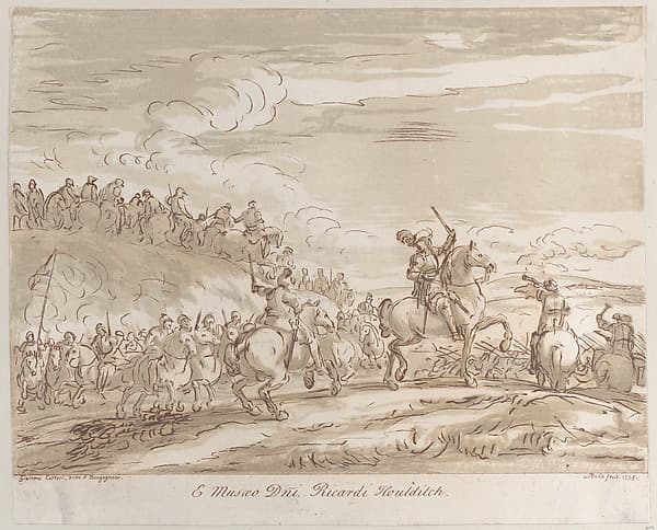 Cavalry advancing to the charge, with a central figure on horseback raising a sword, by Arthur Pond