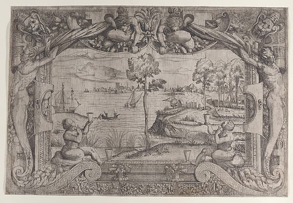 View of a Bay with a Central Tree in an Ornamental Frame, by Master IQV