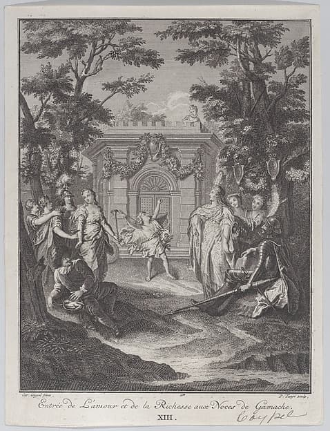 Plate 13: entrance of Love and Wealth to Gamache's wedding (Entrée de L'amour et de la Richesse aux Noces de Gamache), by Pieter Tanjé