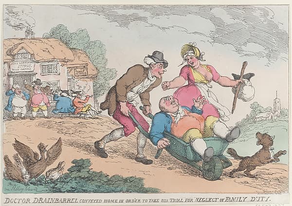 Doctor Drainbarrel Conveyed Home in order to Take His Trial for Neglect of Family Duty, by Thomas Rowlandson