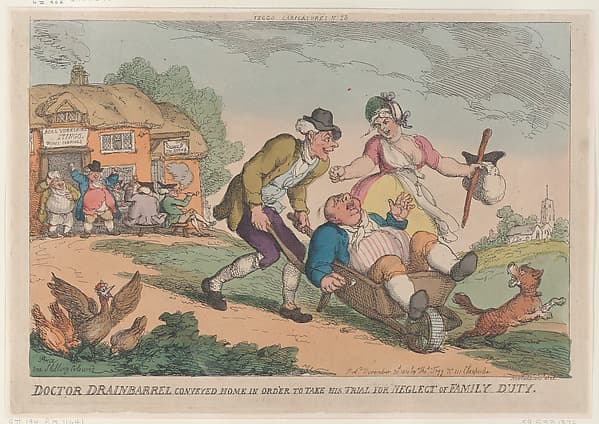 Doctor Drainbarrel Conveyed Home in order to Take His Trial for Neglect of Family Duty, by Thomas Rowlandson