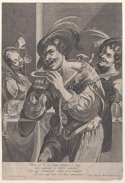 Man drinking soup while two people watch him, by Pierre Daret