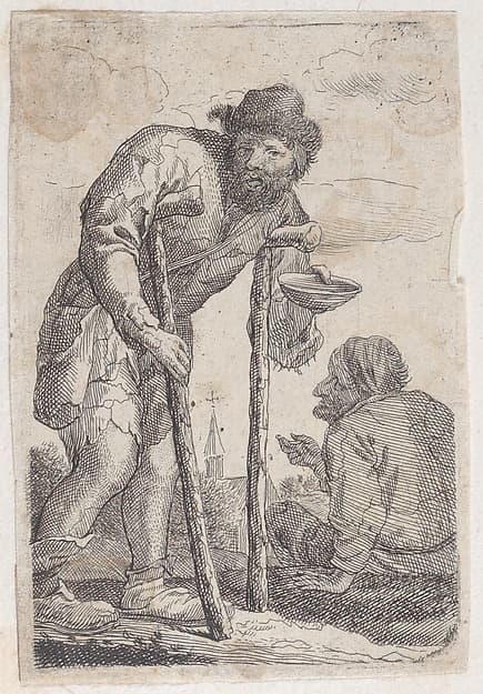 A beggar on crutches holding out a bowl, by Jacques Dassonville