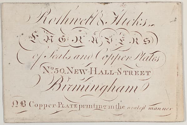 Trade Card for Rothwell & Hicks, engravers, by Anonymous, British, 18th century