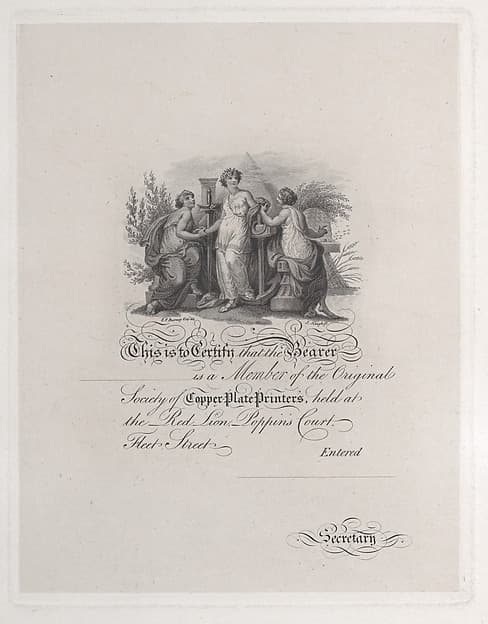 Certificate of Membership for the Society of Copper Plate Printers, by James Neagle