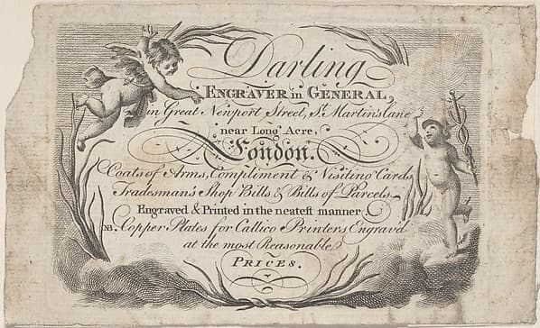 Trade Card for William Darling, Engraver, by Anonymous, British, 18th century
