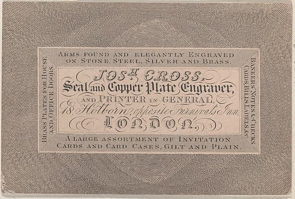 Trade Card for Josh Cross, Seal and Copper Plate Engraver, by Anonymous, British, 19th century