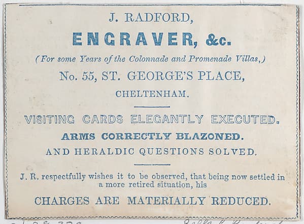 Trade Card for J. Radford, Engraver, by Anonymous, British, 19th century