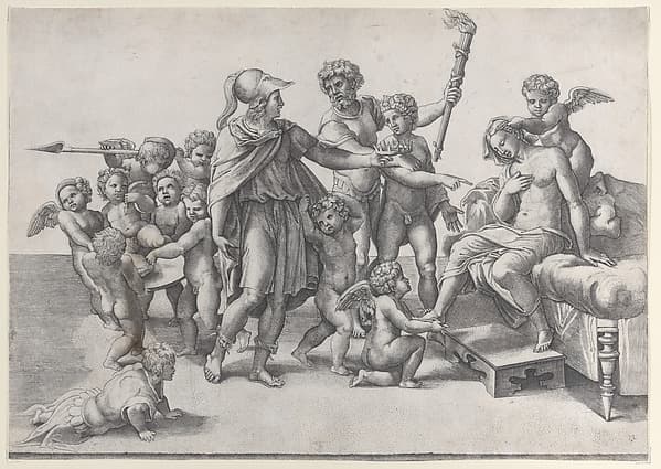 The marriage of Alexander and Roxana; Alexander surrounded by putti, offering a crown to Roxana who is seated at right, by Giovanni Jacopo Caraglio