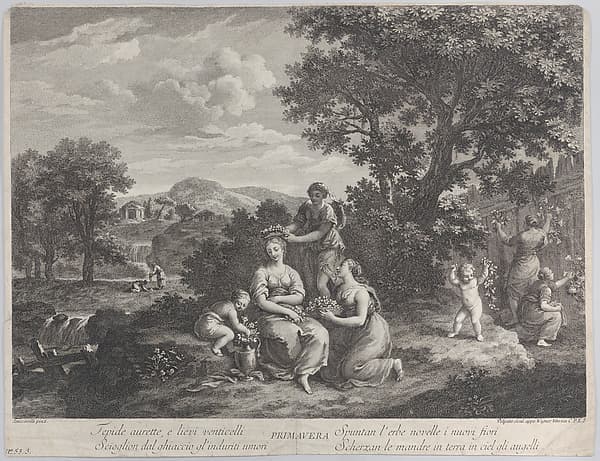 Primavera, a group of women collecting flowers and making crowns from them, by Giovanni Volpato