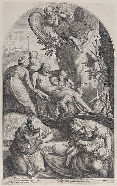 The Entombment, with Christ's body carried on a sheet at center, the three Maries in the foreground, and an angel overhead, by Jacob Matham