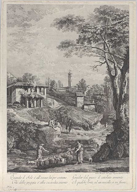 Landscape with shepherds, houses and a tower in the distance, by Fabio Berardi