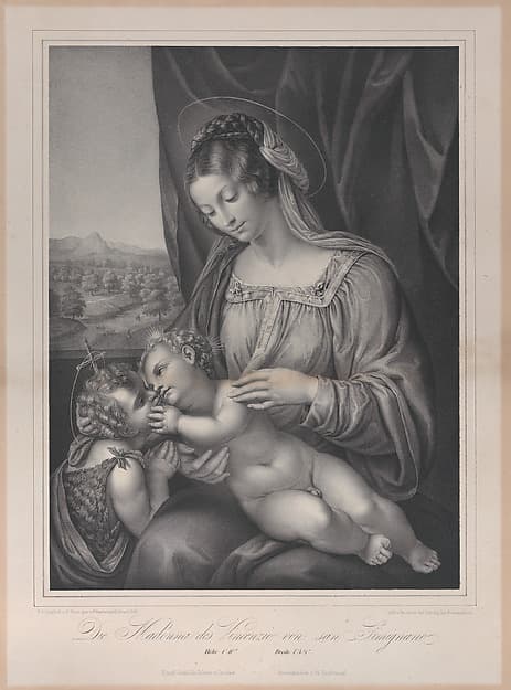 The Virgin and child with the infant Saint John the Baptist, with the Christ child lying on her lap and turning to kiss the Baptist, by Franz Hanfstängl